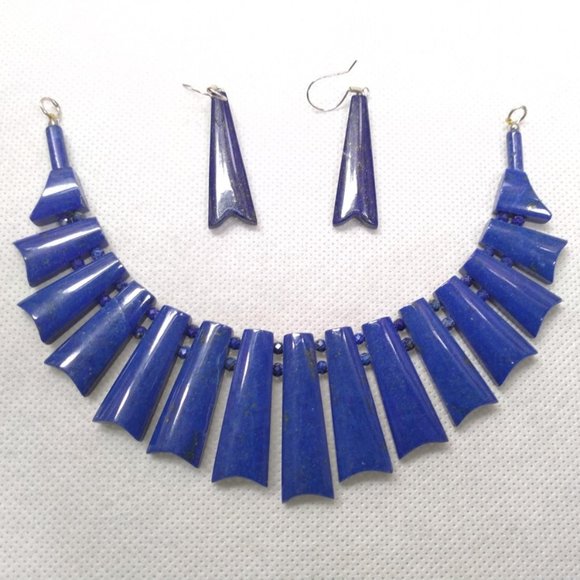 Lapis Lazuli Vintage Choker Necklace With Earrings, Stone Jewelry Set, Vintage - Picture 10 of 14